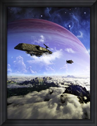 Framed Two spacecraft prepare to depart with crewmembers left behind Print