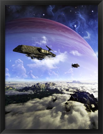 Framed Two spacecraft prepare to depart with crewmembers left behind Print