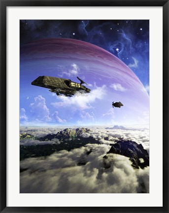 Framed Two spacecraft prepare to depart with crewmembers left behind Print