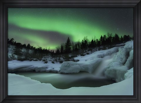 Framed wintery waterfall and aurora borealis over Tennevik River, Norway Print