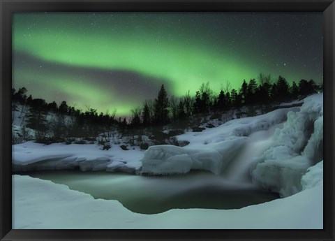 Framed wintery waterfall and aurora borealis over Tennevik River, Norway Print