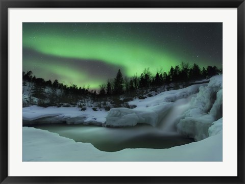 Framed wintery waterfall and aurora borealis over Tennevik River, Norway Print