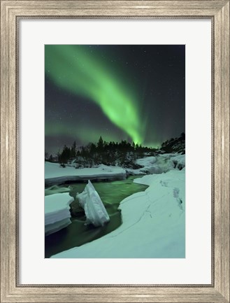 Framed Aurora Borealis over a frozen Tennevik River, Troms, Norway Print