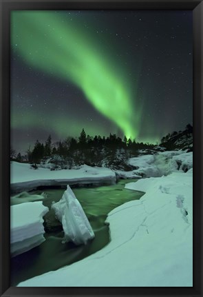 Framed Aurora Borealis over a frozen Tennevik River, Troms, Norway Print