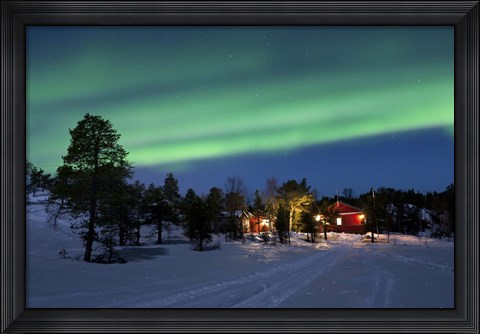 Framed Aurora Borealis over farm houses, Tennevik Lake, Troms, Norway Print