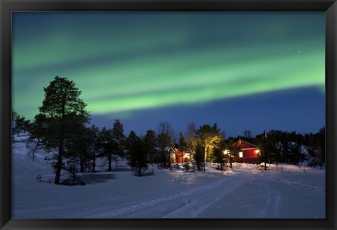 Framed Aurora Borealis over farm houses, Tennevik Lake, Troms, Norway Print