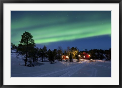 Framed Aurora Borealis over farm houses, Tennevik Lake, Troms, Norway Print