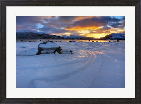 Framed winter sunset over Tjeldsundet at Evenskjer, Troms County, Norway Print