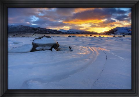 Framed winter sunset over Tjeldsundet at Evenskjer, Troms County, Norway Print