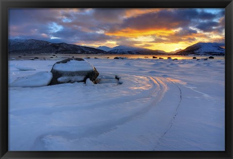 Framed winter sunset over Tjeldsundet at Evenskjer, Troms County, Norway Print