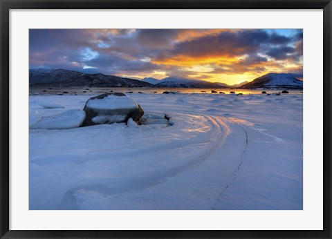 Framed winter sunset over Tjeldsundet at Evenskjer, Troms County, Norway Print