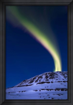 Framed aurora borealis shooting up from Toviktinden Mountain, Norway Print