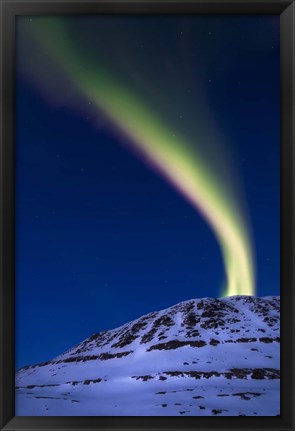 Framed aurora borealis shooting up from Toviktinden Mountain, Norway Print