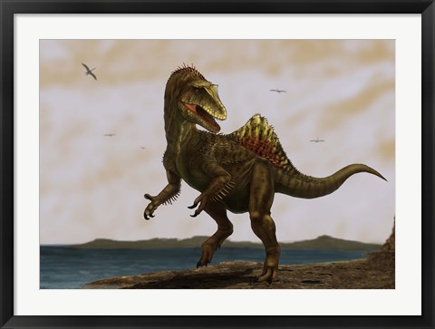 Framed Concavenator corcovatus running on the beach Print