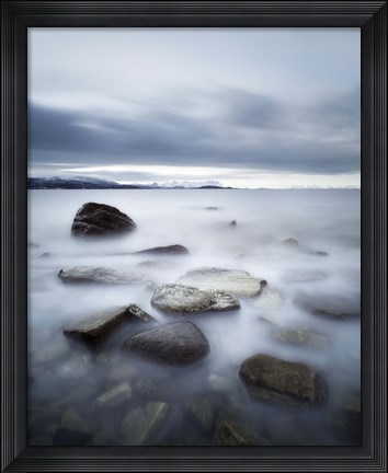 Framed Long exposure scene of rocks in Vaagsfjorden fjord, Norway Print