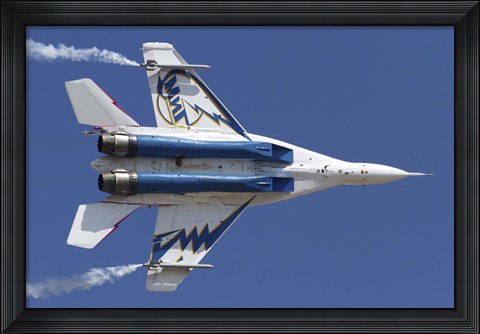 Framed Bottom view of a Russian MiG-29OVT aerobatic aircraft Print