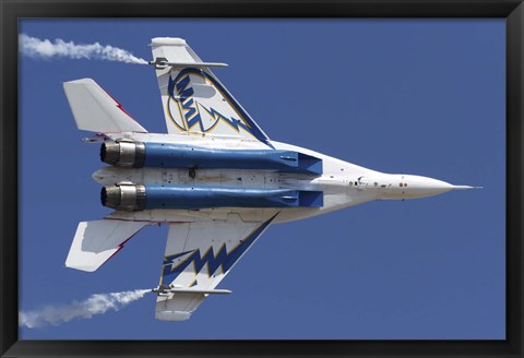 Framed Bottom view of a Russian MiG-29OVT aerobatic aircraft Print