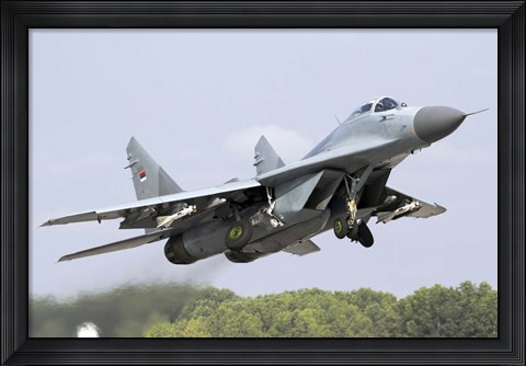 Framed Serbian Air Force MiG-29 departing with two AA-8 Aphid missiles Print