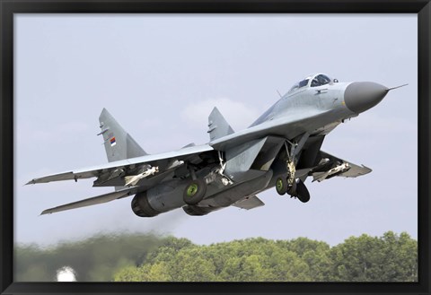 Framed Serbian Air Force MiG-29 departing with two AA-8 Aphid missiles Print