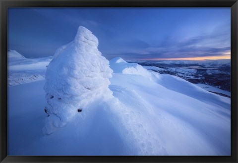 Framed Sunset on the summit Toviktinden Mountain, Norway Print