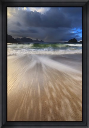 Framed Waves washing back to sea on Haukland Beach, Lofoten, Norway Print