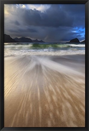 Framed Waves washing back to sea on Haukland Beach, Lofoten, Norway Print