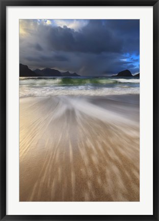 Framed Waves washing back to sea on Haukland Beach, Lofoten, Norway Print