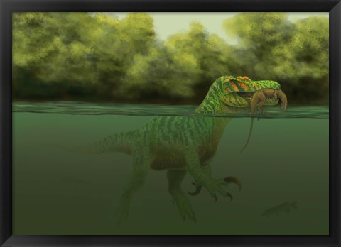 Framed Baryonyx escapes swimming from a brawl with a Hypsilophodon in his mouth Print