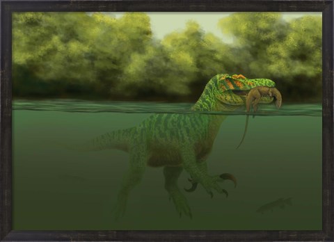 Framed Baryonyx escapes swimming from a brawl with a Hypsilophodon in his mouth Print