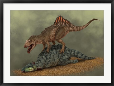 Framed Concavenator kills a young iguanodon dinosaur Print