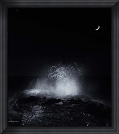 Framed crescent moon and waves splashing over rocks in Miramar, Argentina Print