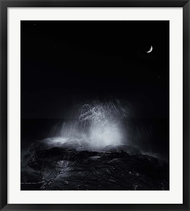 Framed crescent moon and waves splashing over rocks in Miramar, Argentina Print