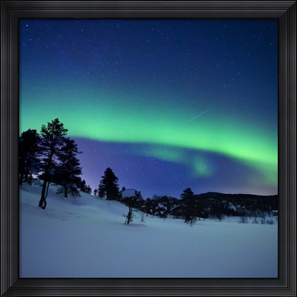 Framed Aurora Borealis and a shooting star in the woods of Troms County, Norway Print