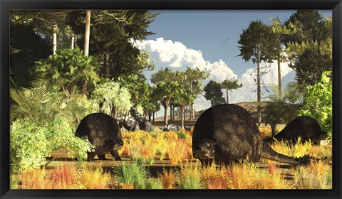 Framed Prehistoric glyptodonts graze on grassy plains Print