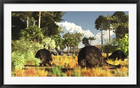 Framed Prehistoric glyptodonts graze on grassy plains Print