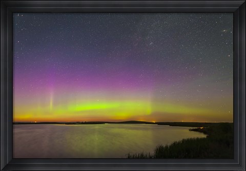 Framed faint aurora over Crawling Lake reservoir, Bassano, Alberta, Canada Print