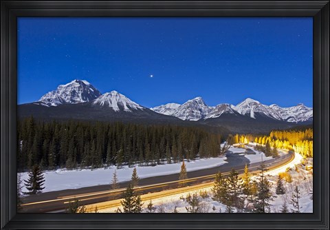 Framed moonlit nightscape over the Bow River and Morant&#39;s Curve in Banff National Park, Canada Print