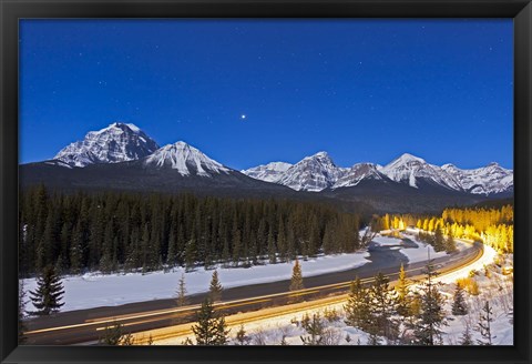 Framed moonlit nightscape over the Bow River and Morant&#39;s Curve in Banff National Park, Canada Print