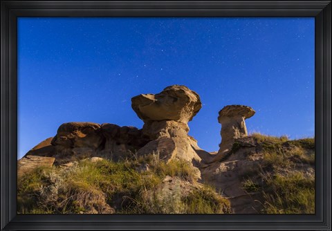 Framed Starry sky above hoodoo formations at Dinosaur Provincial Park, Canada Print