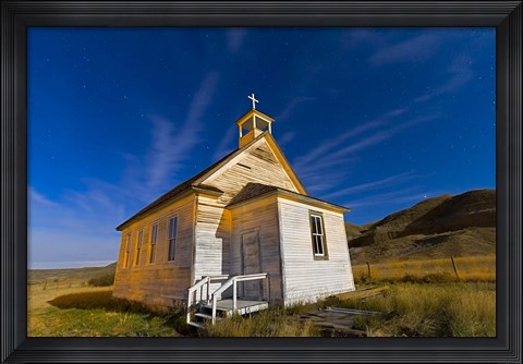 Framed old pioneer church in Dorothy, Alberta, Canada, on a starry night Print