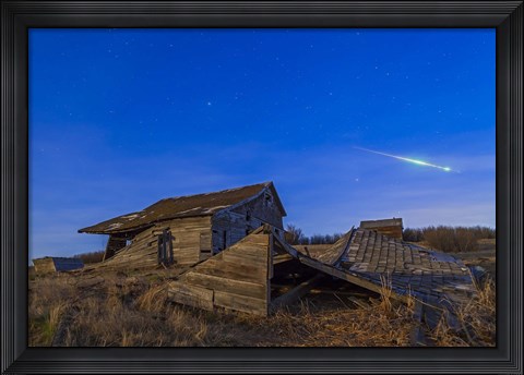 Framed bright bolide meteor breaking up as it enters the atmosphere Print