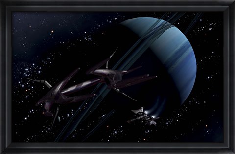 Framed chartered private corvette being intercepted by a strange alien craft Print