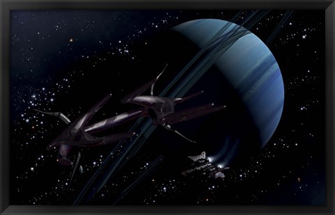 Framed chartered private corvette being intercepted by a strange alien craft Print