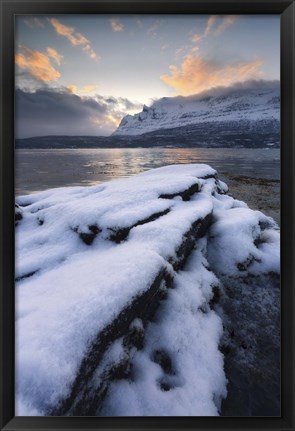 Framed cold morning in Grovfjorden, Troms County, Norway Print