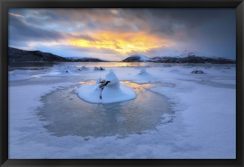 Framed frozen fjord that is part of Tjeldsundet in Troms County, Norway Print