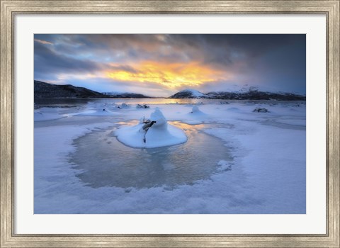 Framed frozen fjord that is part of Tjeldsundet in Troms County, Norway Print