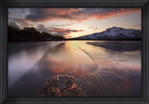 Framed frozen Straumen Lake on Tjeldoya Island in Nordland County, Norway Print