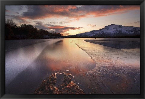 Framed frozen Straumen Lake on Tjeldoya Island in Nordland County, Norway Print