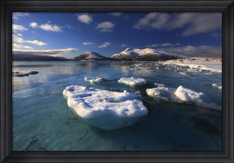 Framed winter view looking out in Tjeldsundet strait, Norway Print