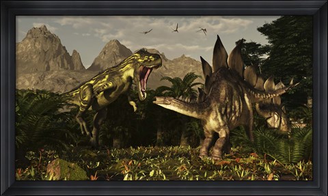 Framed large carnivorous Torvosaurus preying on a Stegosaurus Print